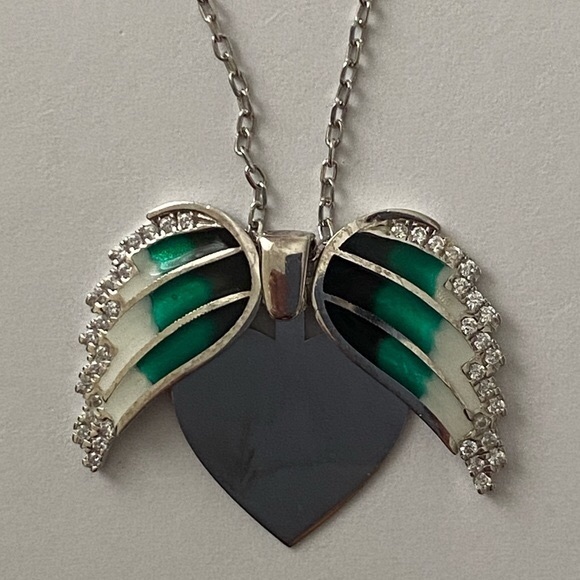 925 Silver double heart initial name cz green handmade enamel necklace - Picture 3 of 7